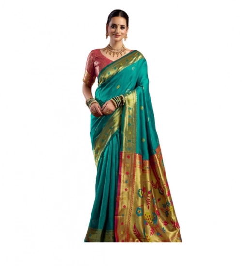 Generic Women's Silk Blend Woven Saree With Unstitched Blouse 5.5 Mtr (Aqua_Blue)