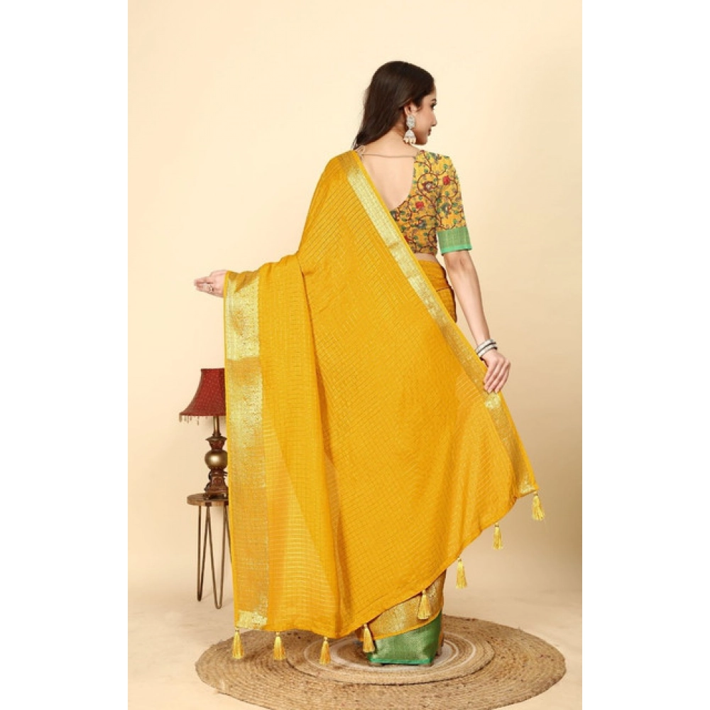 Generic Women's Cotton Blend Checkered Saree With Unstitched Blouse 5.5Mtr (Yellow)