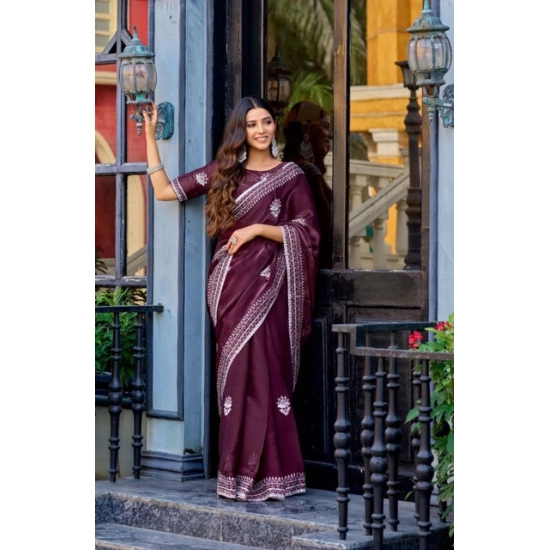 Generic Women's Faux Shimmer Floral Embroidery Ready to wear Saree With Unstitched Blouse 5.5Mtr (Maroon) Generic Women's Faux Shimmer Floral Embroidery Ready to wear Saree With Unstitched Blouse 5.5Mtr (Maroon)