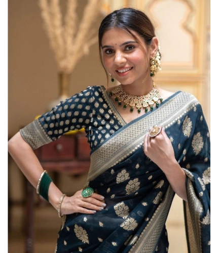 Generic Women's Soft Lichi Silk Printed Saree With Unstitched Blouse 5.5Mtr (Blue)
