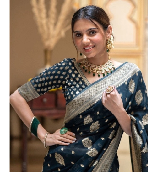 Generic Women's Soft Lichi Silk Printed Saree With Unstitched Blouse 5.5Mtr (Blue)