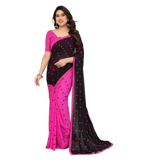 Generic Women's Georgette Printed Saree With Unstitched Blouse 5.5Mtr (Black-Pink)