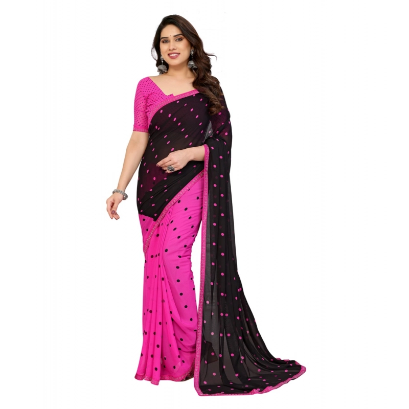 Women's Georgette Printed Saree With Unstitched Blouse 5.5Mtr (Black-Pink) Women's Georgette Printed Saree With Unstitched Blouse 5.5Mtr (Black-Pink)