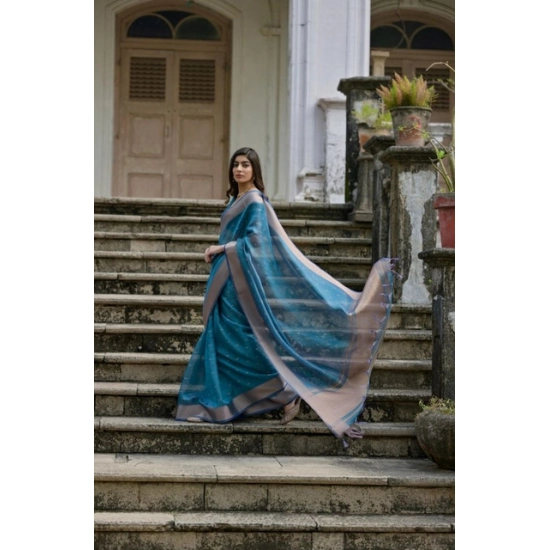 Generic Women's Silk_Blend Butti Pattern Saree With Unstitched Blouse 5.5Mtr (Teal)