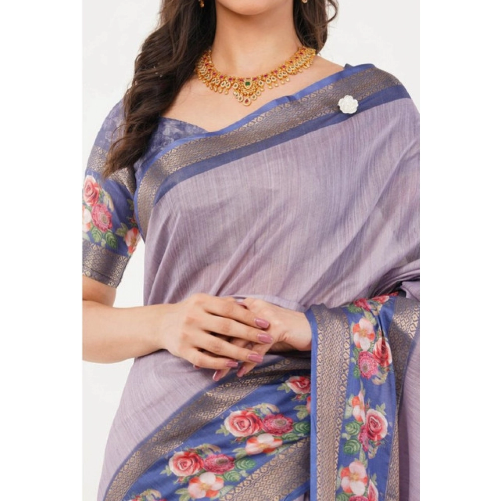 Women's Polyester Printed Saree With Unstitched Blouse 5.5 Mtr (Purple)