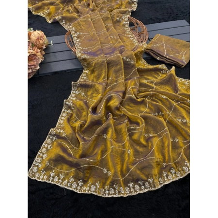 Generic Women's Slik Embellished Saree With Unstitched Blouse 5.5Mtr (Mustard-Yellow)