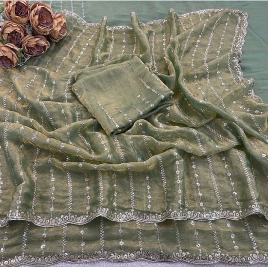 Generic Women's Slik Embellished Saree With Unstitched Blouse 5.5Mtr (Light Green)
