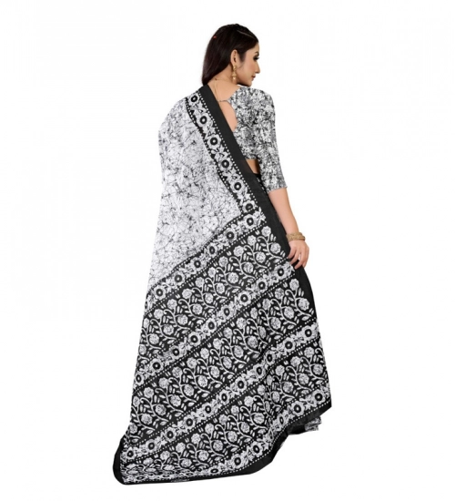 Generic Women's Soft Pure Cotton Printed Saree With Unstitched Blouse 5.5Mtr (Black - White)