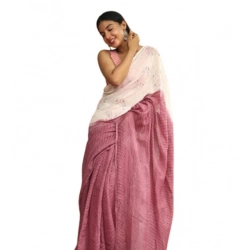Generic Women's Linen Printed Saree With Unstitched Blouse 5.5Mtr (White)
