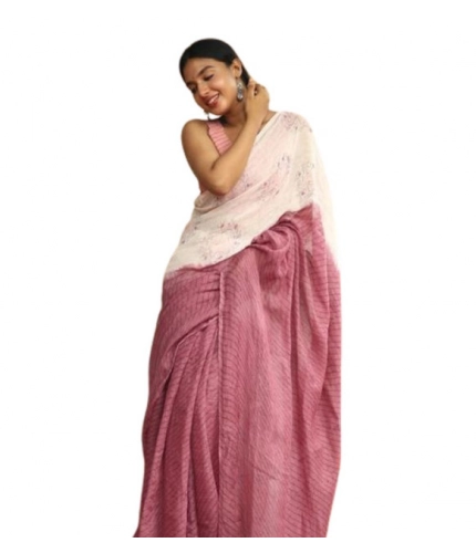 Generic Women's Linen Printed Saree With Unstitched Blouse 5.5Mtr (White)