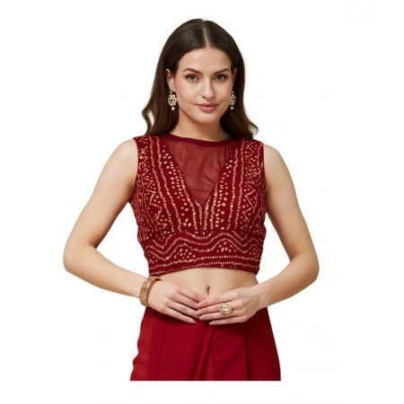 Generic Women's Rayon Cotton Bandhani Printed Halter Neck Non Padded Blouse (Maroon 38 Ready (Alterable up to 42)