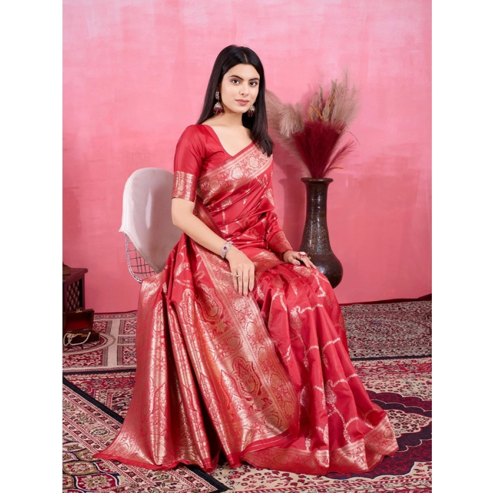 Generic Women's Banarasi Silk Printed Saree With Unstitched Blouse 5.5Mtr (Red) Generic Women's Banarasi Silk Printed Saree With Unstitched Blouse 5.5Mtr (Red)