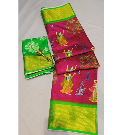Generic Women's Digital Dolla Silk Printed Saree With Unstitched Blouse 5.5Mtr (Pink)