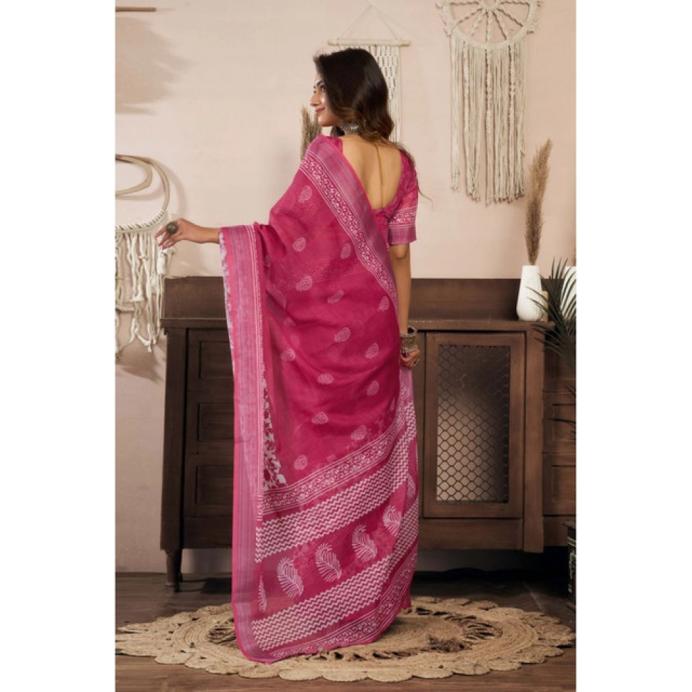 Generic Women's Linen Cotton Printed Ready To Wear Saree With Unstitched Blouse 5.5 Mtr (Pink)