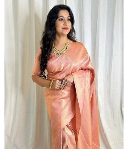 Generic Women's Soft Lichi Silk Printed Saree With Unstitched Blouse 5.5Mtr (Peach)