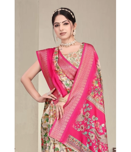 Generic Women's Cotton Silk  Printed Saree With Unstitched Blouse 5.5Mtr (Pink)