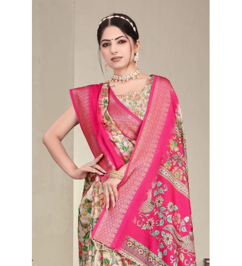 Generic Women's Cotton Silk  Printed Saree With Unstitched Blouse 5.5Mtr (Pink)