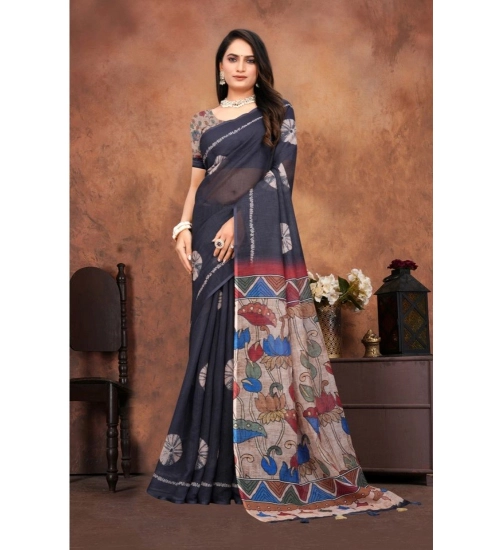 Generic Women's Linen Printed Saree With Unstitched Blouse 5.5Mtr (Black)