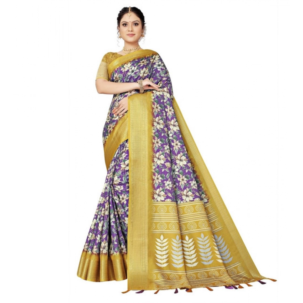 Women’s Cotton Silk Floral Printed Saree With Unstitched Blouse 5.5Mtr (Purple)