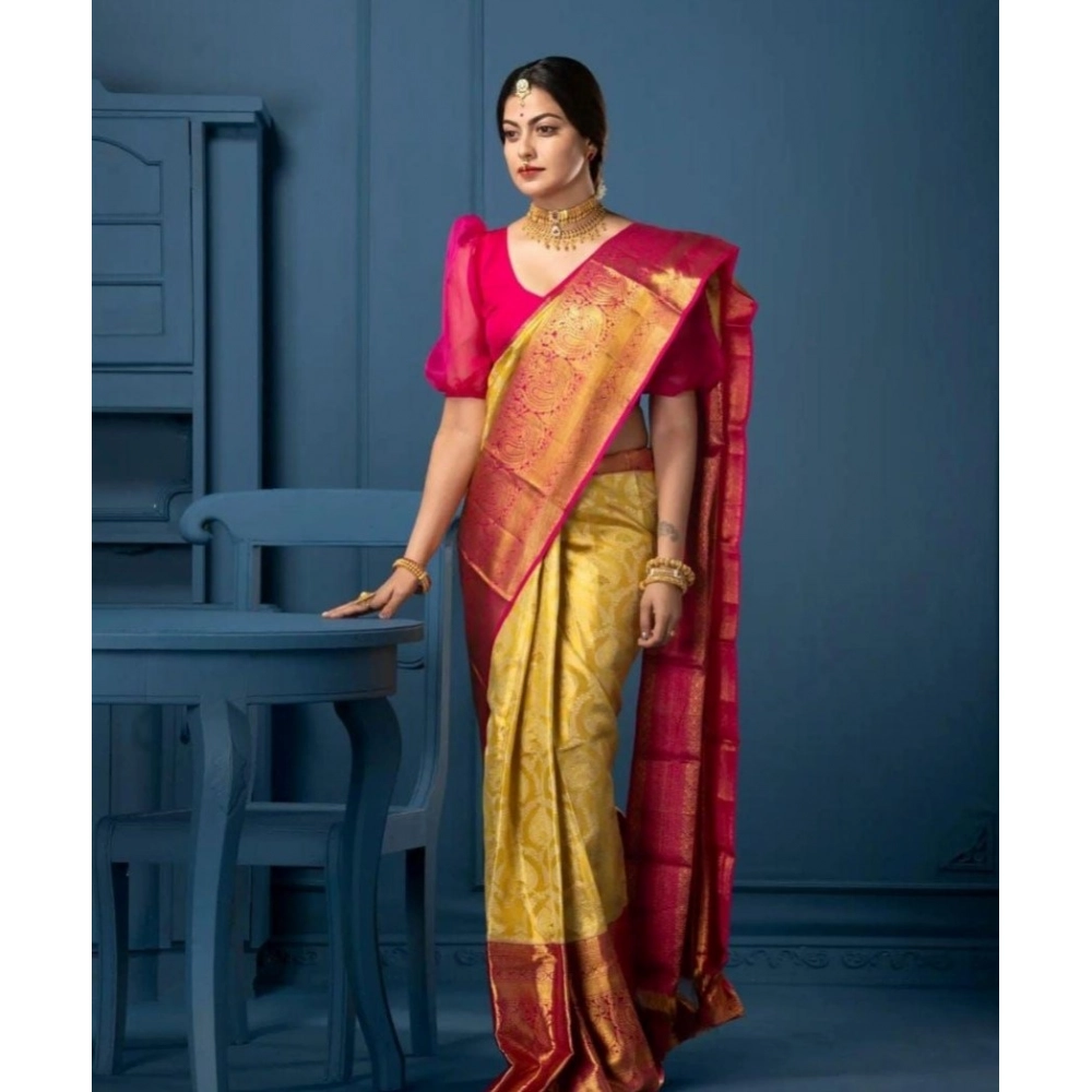 Generic Women's Soft Litchi Silk Jacquard Work Saree With Unstitched Blouse 5.5Mtr (Mustard Yellow) Generic Women's Soft Litchi Silk Jacquard Work Saree With Unstitched Blouse 5.5Mtr (Mustard Yellow)