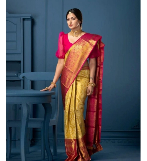 Generic Women's Soft Litchi Silk Jacquard Work Saree With Unstitched Blouse 5.5Mtr (Mustard Yellow)