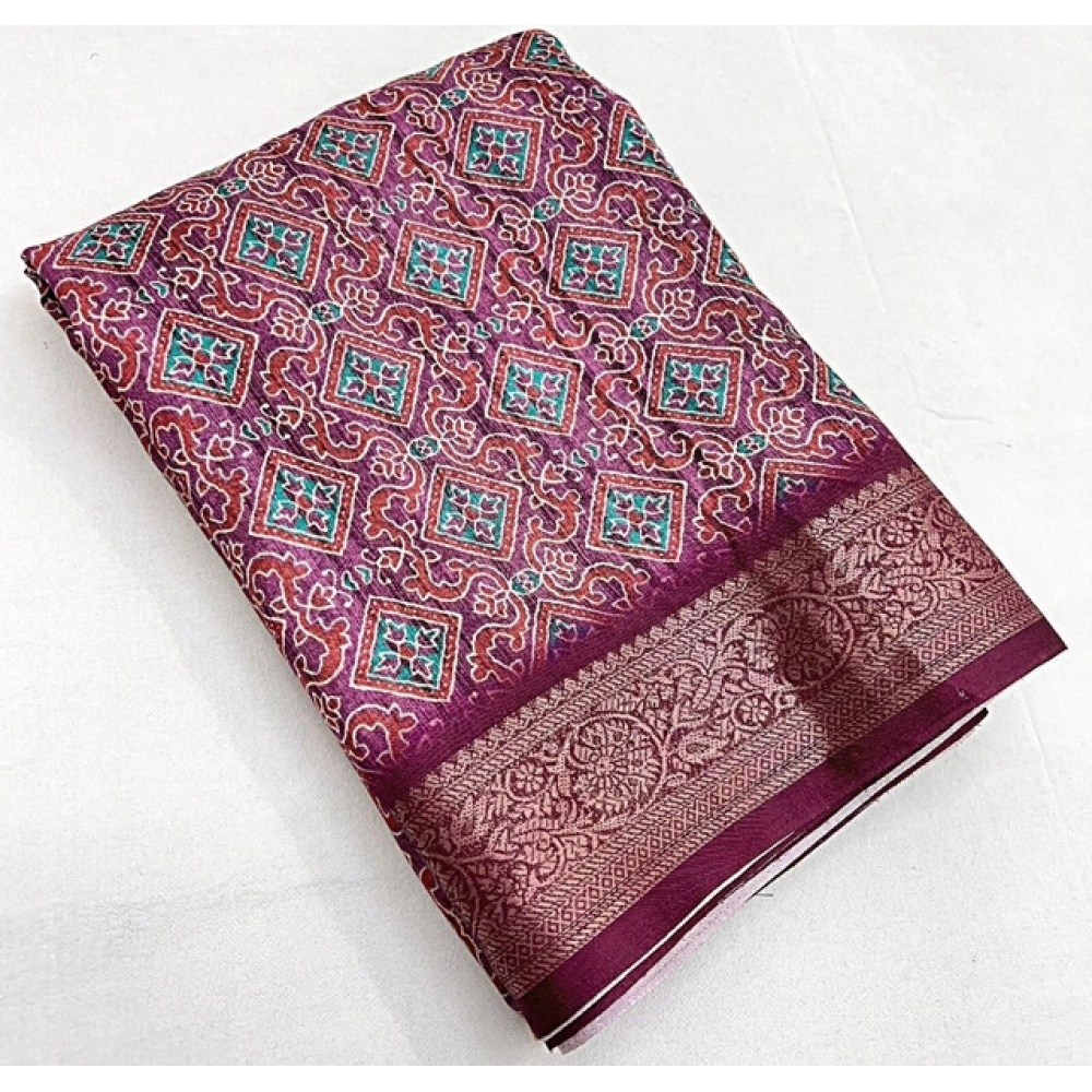 Generic Women's Cotton Blend Printed Saree With Unstitched Blouse 5.5Mtr (Wine)