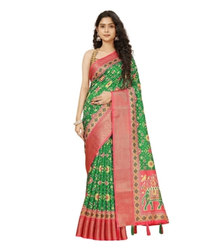 Generic Women's Cotton Silk Printed Saree With Unstitched Blouse 5.5Mtr (Green)