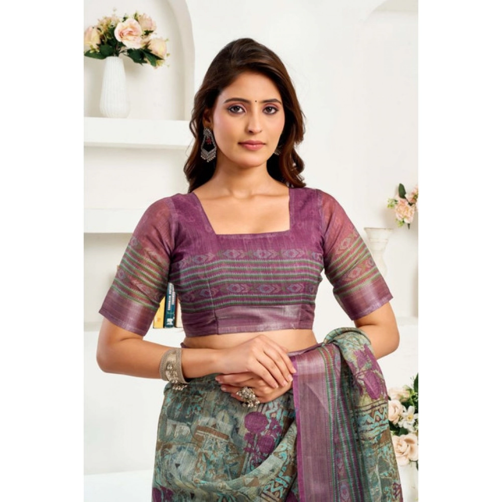 Generic Women's Linen Cotton Printed Ready To Wear Saree With Unstitched Blouse 5.5 Mtr (Multicolor)
