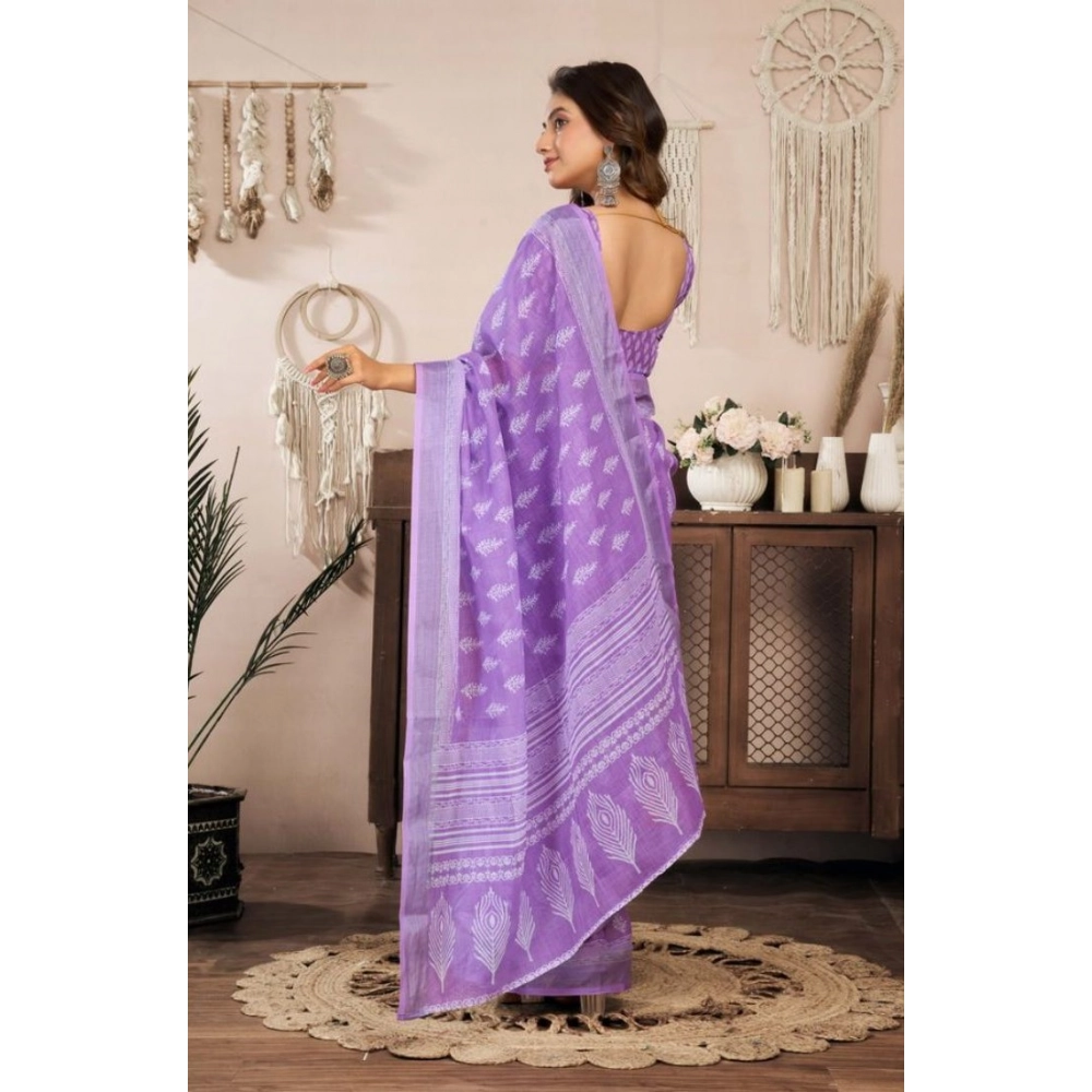 Generic Women's Faux Linen Floral Ready to wear Saree With Unstitched Blouse 5.5Mtr (Lavender)
