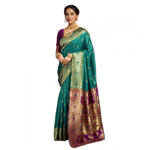 Generic Women's Silk Blend Zari Weaving Saree With Unstitched Blouse 5.5Mtr (Green)