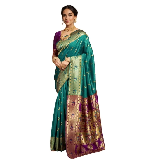 Generic Women's Silk Blend Zari Weaving Saree With Unstitched Blouse 5.5Mtr (Green)