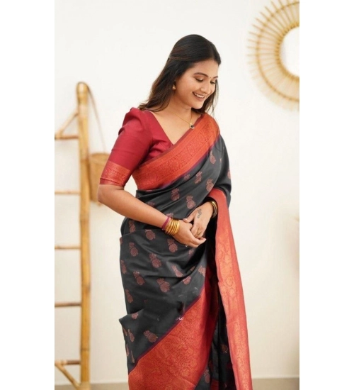 Generic Women's Litchi silk Printed Saree With Unstitched Blouse (Grey)