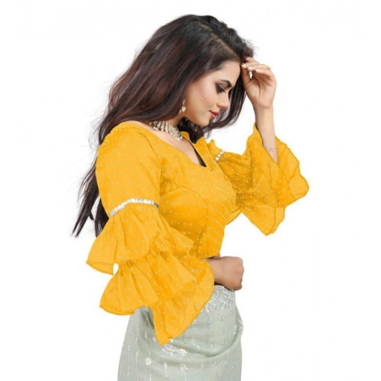 Generic Women's Organza Solid V Neck Layered Ruffle Sleeve Readymade Blouse (Yellow Free Size , up to 38–40 Bust)-PID65860 Generic Women's Organza Solid V Neck Layered Ruffle Sleeve Readymade Blouse (Yellow Free Size , up to 38–40 Bust)-PID65860