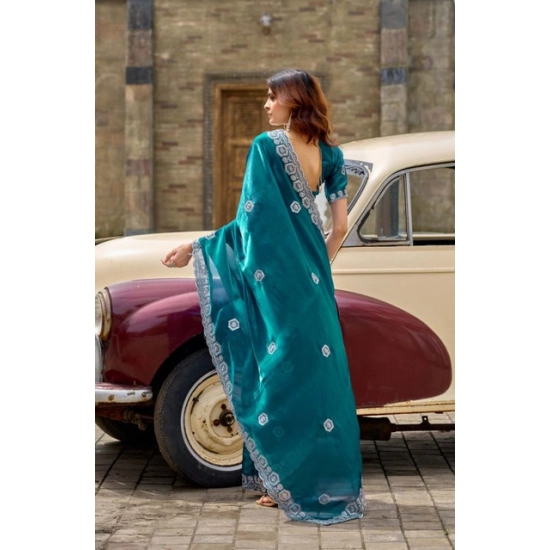 Generic Women's Faux Shimmer Geometric Ready to wear Saree With Unstitched Blouse 5.5Mtr (Teal) Generic Women's Faux Shimmer Geometric Ready to wear Saree With Unstitched Blouse 5.5Mtr (Teal)