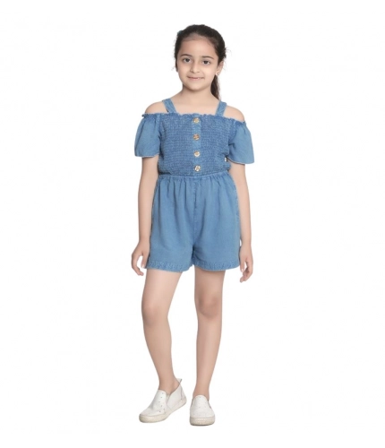 Generic Girl's Rayon Solid Sleeveless Jumpsuit (Blue)