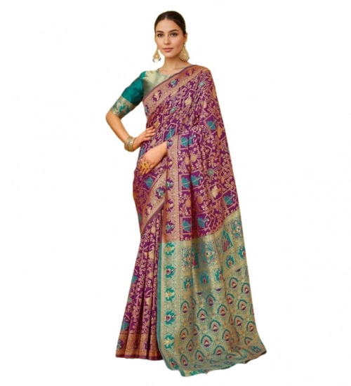 Generic Women's Silk Blend Woven Paithani Saree With Unstitched Blouse 5.5Mtr (Purple)