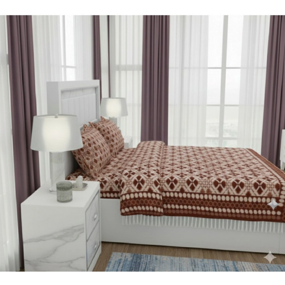 Generic Fleece Geometric Double Polar Warm Bedsheet with 2 Pillow Cover (Brown)