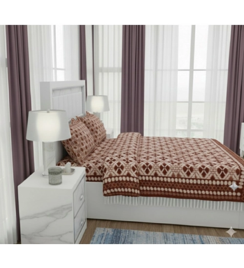 Generic Fleece Geometric Double Polar Warm Bedsheet with 2 Pillow Cover (Brown)