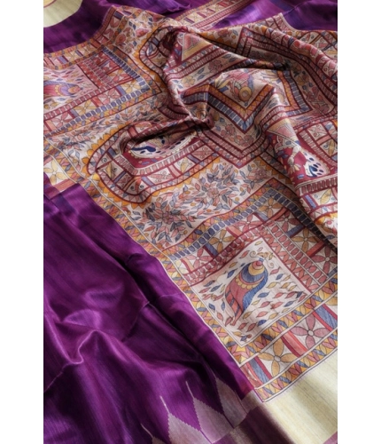 Generic Women's Tussar Silk Madhubani Saree With Unstitched Blouse 5.5Mtr (Purple)