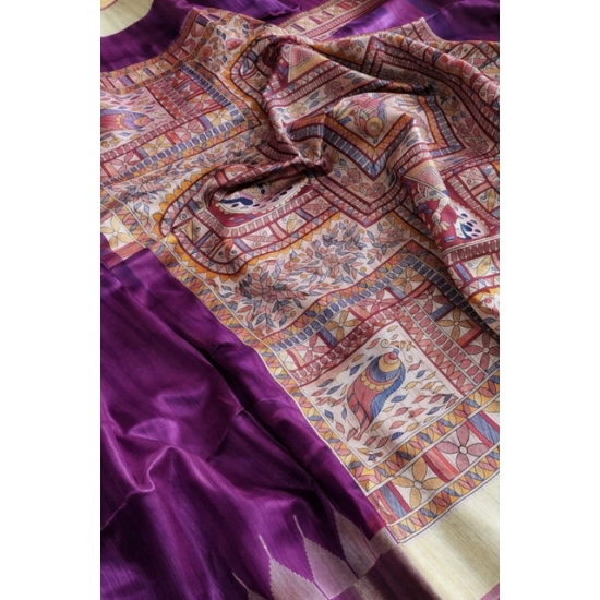 Generic Women's Tussar Silk Madhubani Saree With Unstitched Blouse 5.5Mtr (Purple)