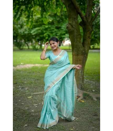 Generic Women's Faux_Banarasi Lining Pattern Saree With Unstitched Blouse 5.5Mtr (Light_Aqua_Blue)