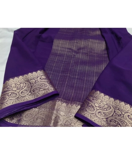 Generic Women's Crepe Chit Pallu Solid Saree With Unstitched Blouse 5.5Mtr (Purple)