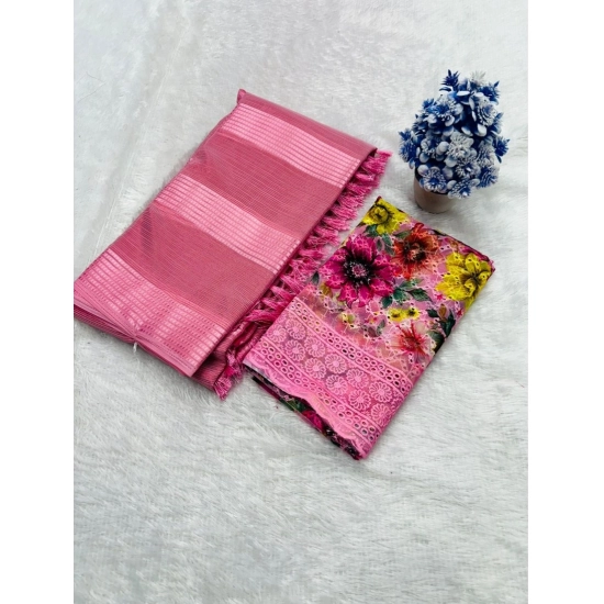 Generic Women's Georgette Embroidered Saree With Unstitched Blouse 5.5Mtr (Pink)