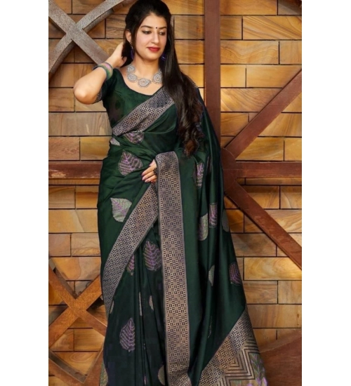 Generic Women's Litchi silk Printed Saree With Unstitched Blouse (Green)