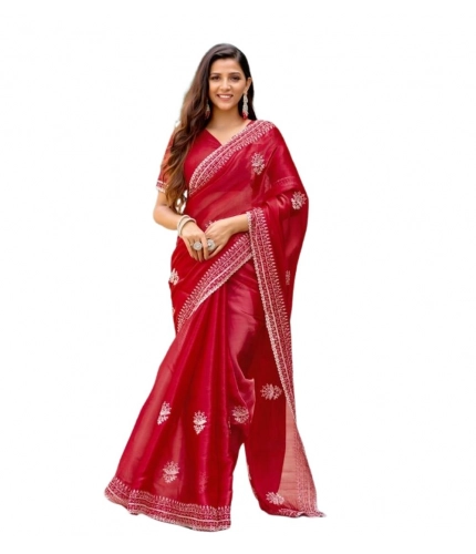 Generic Women's Faux Shimmer Floral Embroidery Ready to wear Saree With Unstitched Blouse 5.5Mtr (Red)