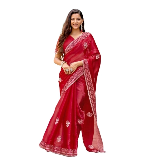 Generic Women's Faux Shimmer Floral Embroidery Ready to wear Saree With Unstitched Blouse 5.5Mtr (Red) Generic Women's Faux Shimmer Floral Embroidery Ready to wear Saree With Unstitched Blouse 5.5Mtr (Red)