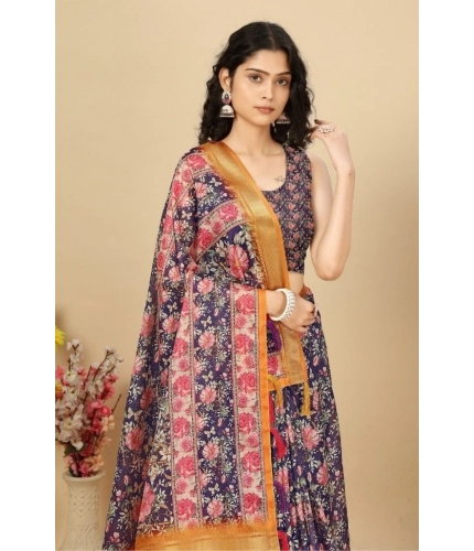 Generic Women's Cotton Silk Floral Printed Saree With Unstitched Blouse 5.5Mtr (Purple)