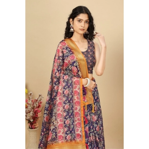 Generic Women's Cotton Silk Floral Printed Saree With Unstitched Blouse 5.5Mtr (Purple)