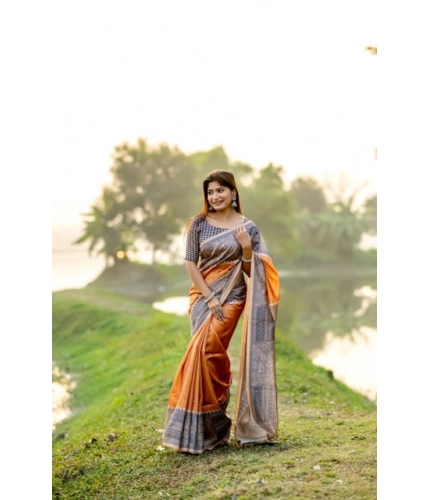 Generic Women's Faux_Tussar Geometric_Print Saree With Unstitched Blouse 5.5Mtr (Rust)
