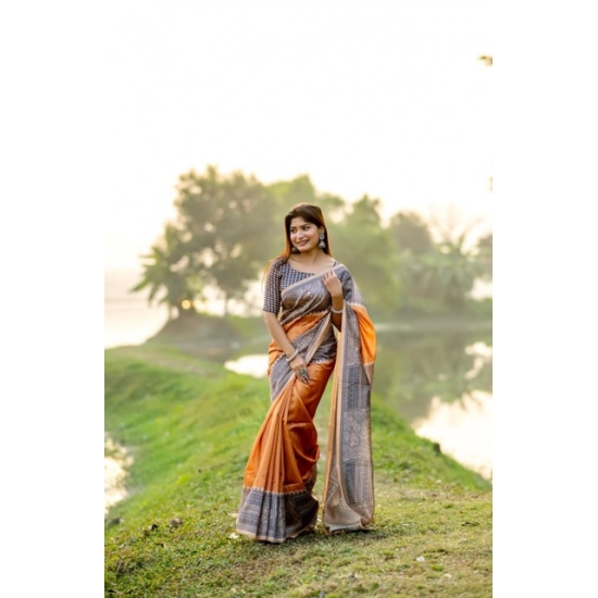 Generic Women's Faux_Tussar Geometric_Print Saree With Unstitched Blouse 5.5Mtr (Rust) Generic Women's Faux_Tussar Geometric_Print Saree With Unstitched Blouse 5.5Mtr (Rust)
